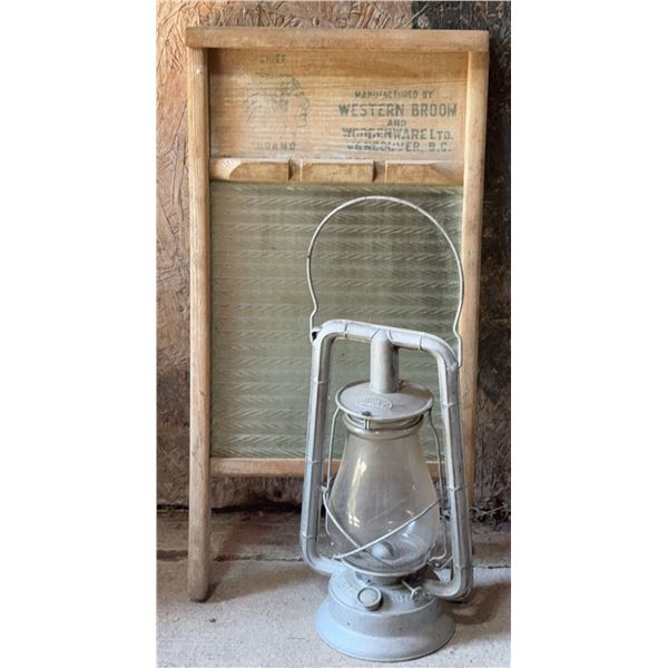 Western Broom Glass Washboard and Dietz Lantern