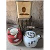 Image 1 : Metal Storage Canister with Floral Print, Red Plastic Jug, and White Metal Kettle