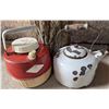 Image 3 : Metal Storage Canister with Floral Print, Red Plastic Jug, and White Metal Kettle