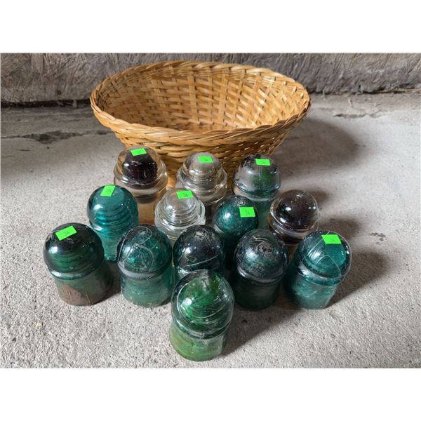 11 Glass Telephone Insulators and Woven Basket