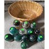 Image 2 : 11 Glass Telephone Insulators and Woven Basket