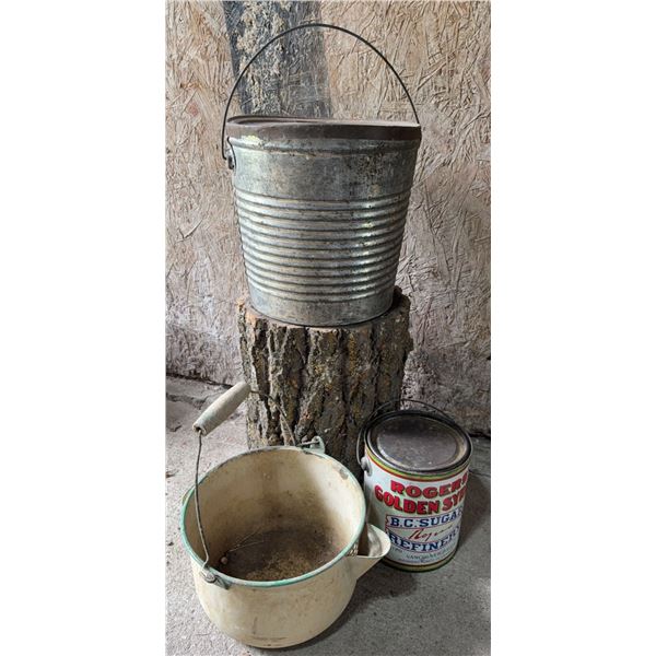 Lot: Metal Pail, Enamel Strainer Pot, Rogers' Golden Syrup Tin