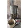 Image 1 : Lot: Metal Pail, Enamel Strainer Pot, Rogers' Golden Syrup Tin