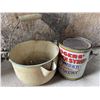 Image 3 : Lot: Metal Pail, Enamel Strainer Pot, Rogers' Golden Syrup Tin
