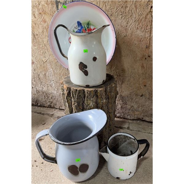 Enamelware Bowl, Pitchers, and Mug Assortment