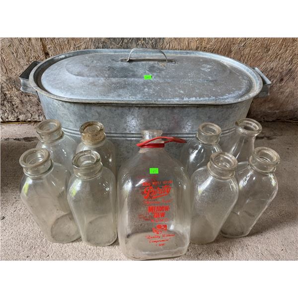 Galvanized Metal Wash Tub with Eight Glass Milk Bottles