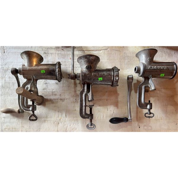 Three Manual Metal Meat Grinders (Made in England, Moravia, Czechoslovakia)