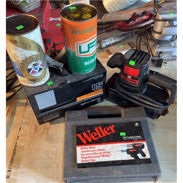 Workshop Lot: MotoMaster Battery Charger, Weller Soldering Gun, Craftsman Sander, Motor Oil