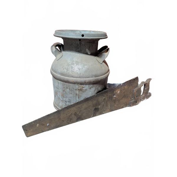 Metal Milk Can and Hand Saw Lot