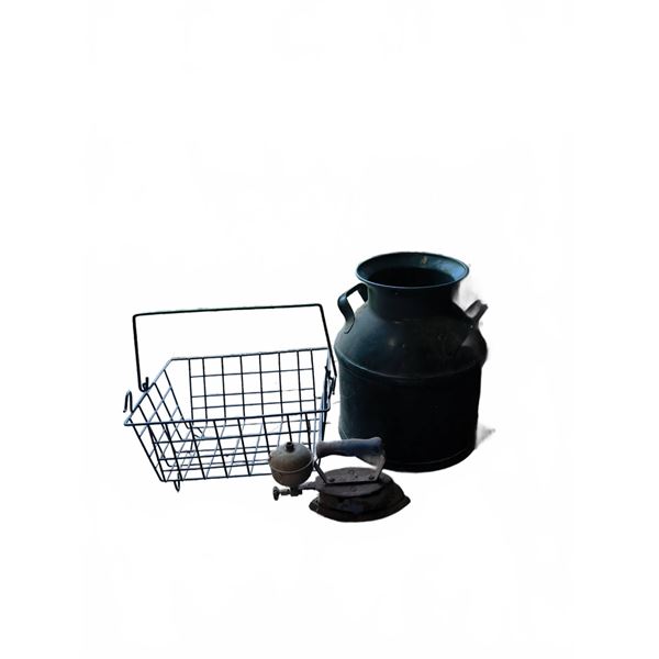 Metal Milk Can, Wire Basket, and Gas-Powered Sad Iron Group