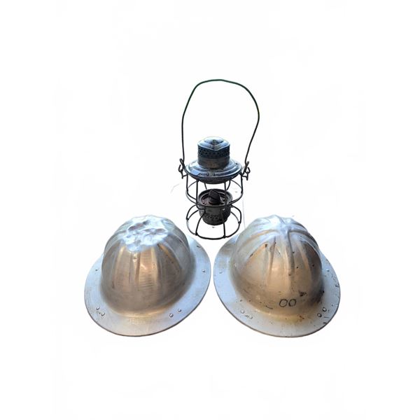Railroad Lantern and Two Metal Hard Hats