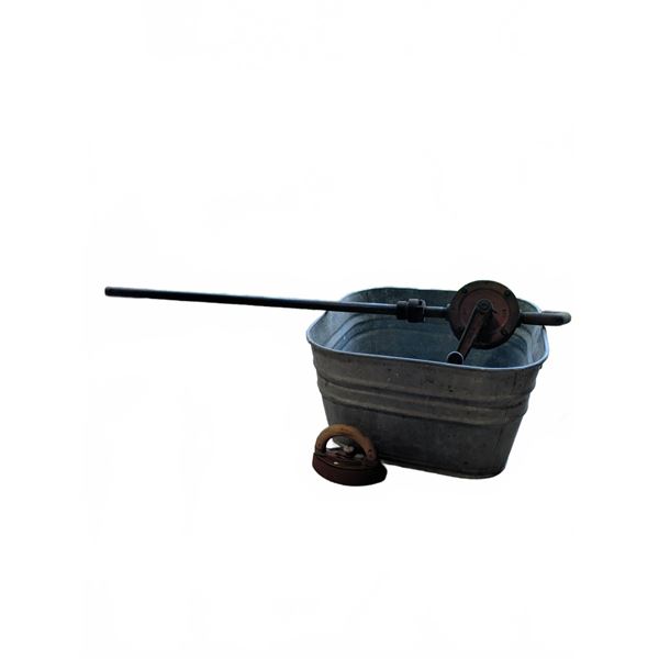 Hand Crank Rotary Pump, Galvanized Tub and Sad Iron