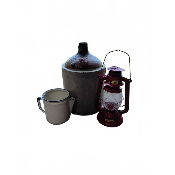 Stoneware Jug, Enamel Mug, and World Famous Lantern Trio
