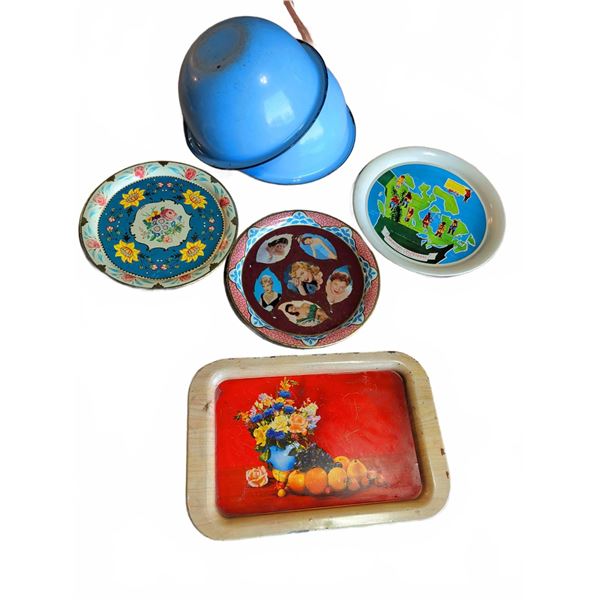 5 Vintage Metal Trays and 2 Blue Enamel Bowls