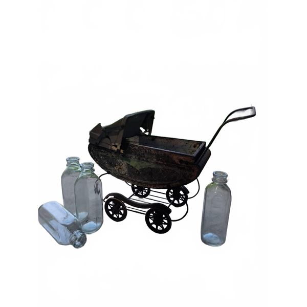 Metal Toy Baby Carriage and Four Glass Bottles