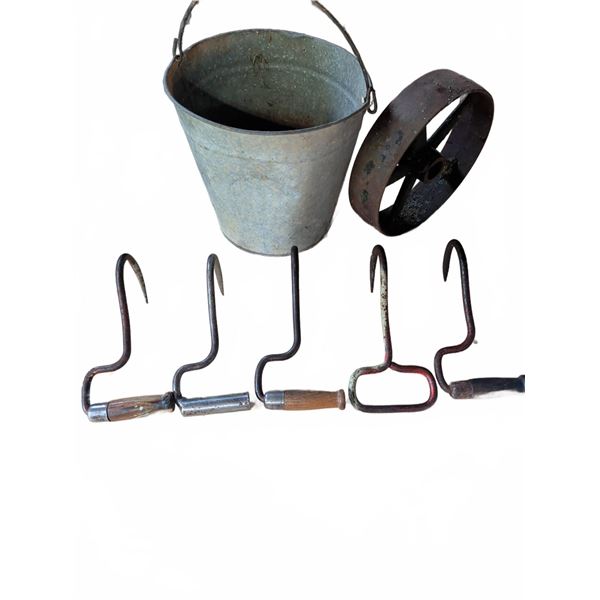 Vintage Farm Tools and Galvanized Bucket