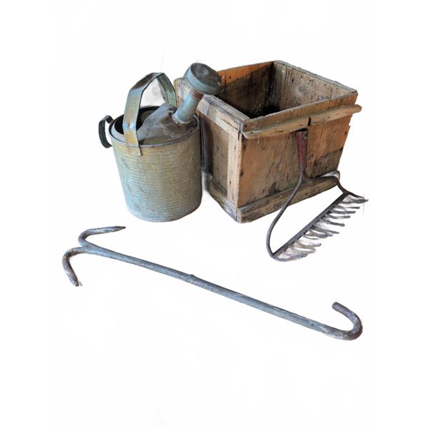 Vintage Farm Tools And Wooden Crate