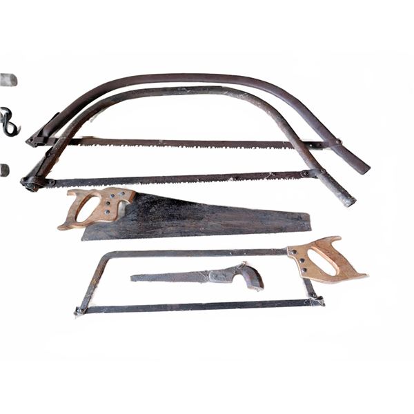 Four Vintage Hand Saws, Bow Saws and Crosscut Saw