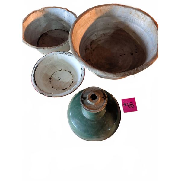 Three Metal Mixing Bowls and Rab Lamp Shade
