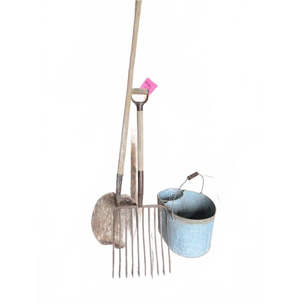 Farm Tools: Shovel, Pitchfork, Metal Bucket and Strainer