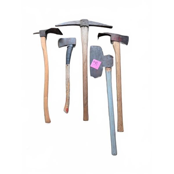 5 Assorted Hand Tools: Axes, Hatchets, and Pickaxe