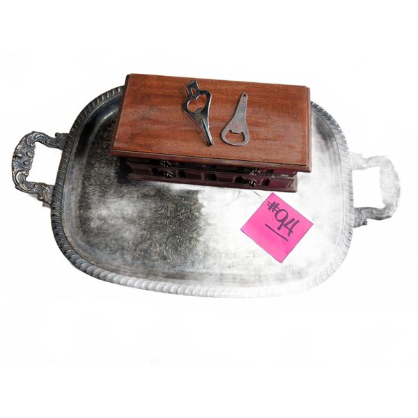 Decorative Silver-Plated Tray, Wooden Jewelry Box, and Bottle Openers
