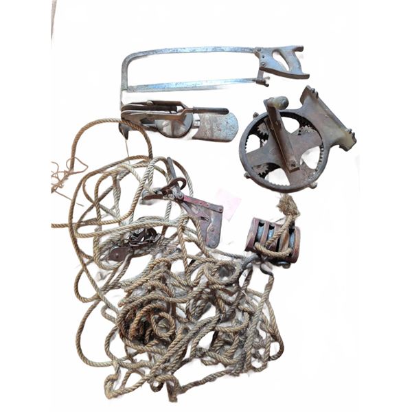 Vintage Farm Tools and Rope Block Pulleys