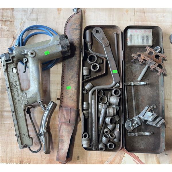 Hand Tools Including Senco Nailer and Socket Sets