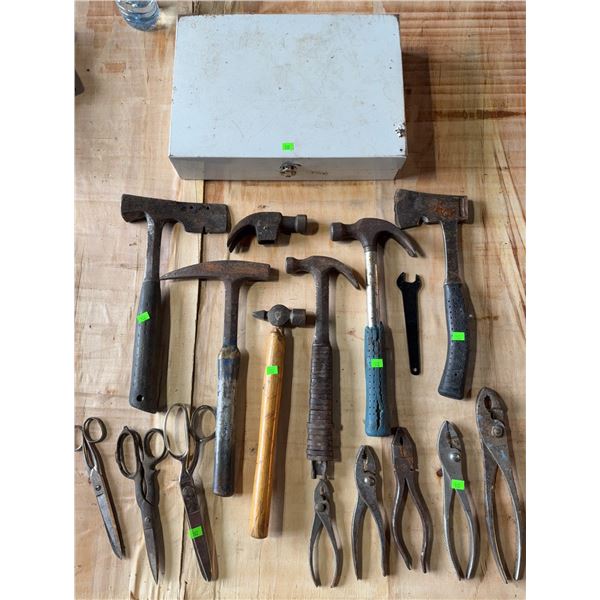 Hand Tool Lot: Hammers, Axes, Pliers, Scissors, and Metal Box