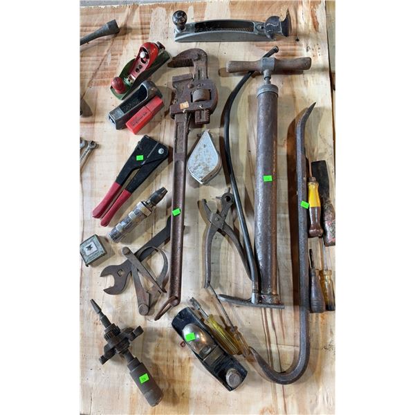 Hand Tool Lot with Pipe Wrenches, Planes, Pliers, and Cutters