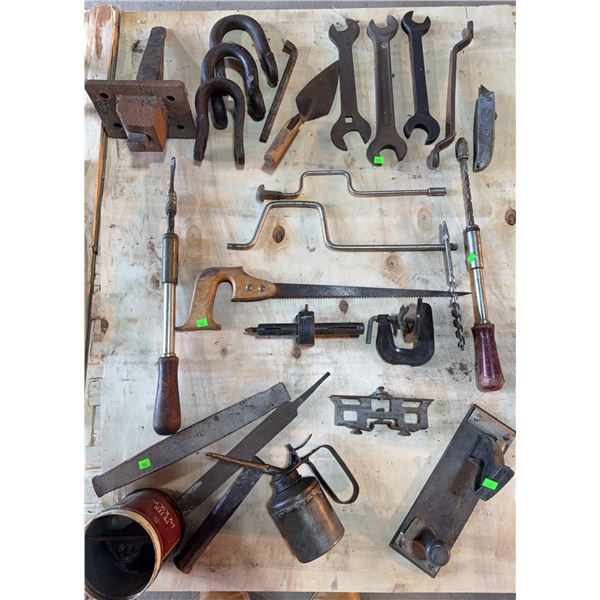 Vintage Hand Tools Including Braces, Wrenches, Oil Can, and Files