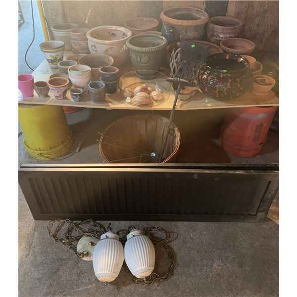 Garden Pots, Two Glass Pendant Lights, and Metal Wall Vent