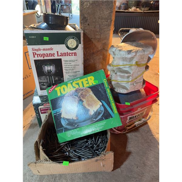 Camping Supplies Assortment Including Lantern, Toaster, Propane Tank, and Hardware