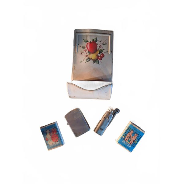 Metal Matchbox Holder with Fruit Design and Match Related Items
