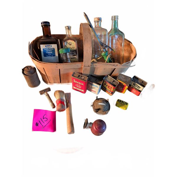 Vintage Bottles, Spice Tins, and Shaving Accessories Lot
