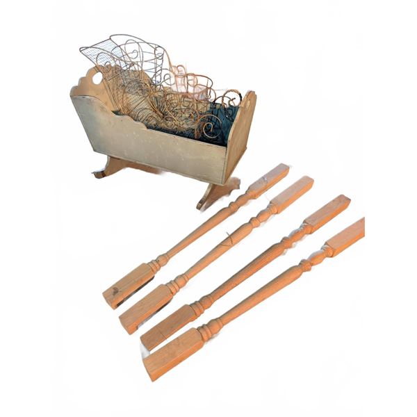 Wooden Cradle, Wire Sleigh Basket, and Four Turned Table Legs