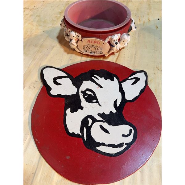 ALPO Dalmatians Dog Bowl and Painted Cow Face Wooden Plaque