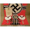 Very large reproduction lot of WWII German flags,  belt buckles, badges, insignia, and other  miscel
