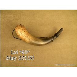 American Revolutionary War era scrimshawed powder  horn, approx. 13” overall with wood plug and  car