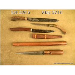 Lot of four misc. collectible knives including a  handmade stag grip with sinew wrapping to attach  