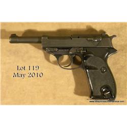 WALTHER P38, # 146667, 9mm, 5" barrel, matte blue  finish, plastic checkered grips.  Pistol retains 