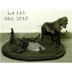 Fine contemporary original bronze of Bull Elephant  at waterhole being shot with arrows by Natives. 