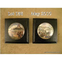 Pair of beautiful color hand painted round  porcelain shooting awards mounted on wood hanging  wood 