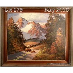 Beautifully framed original oil painting signed “  Jordan” entitled “Bears Near Jackson, WY.”,  appr