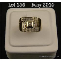 Brilliant 10 karat yellow gold gents geometric  design ring set with 65 round diamonds weighing  app