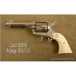 Custom engraved Colt SAA revolver, .45 cal.,  4-3/4” barrel, nickel finish, custom two-piece  Ivory 