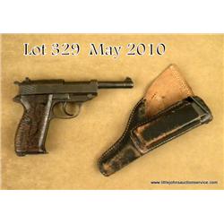 Walther Model P-38 DA semi-auto pistol, “ac 41”  marked, 9mm cal., 5” barrel, blue finish, brown  pl