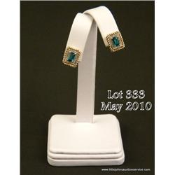 Gorgeous 41 karat two tone gold ladies designer  earrings set with two fine green created emeralds  