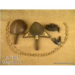 Great lot of five middle eastern antiquities  including an ornately carved wooden Moroccan  powder f