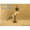 Image 1 : Large beautifully ornamented toasting horn,  approx. 23” overall with 10” high brass stand in  overa